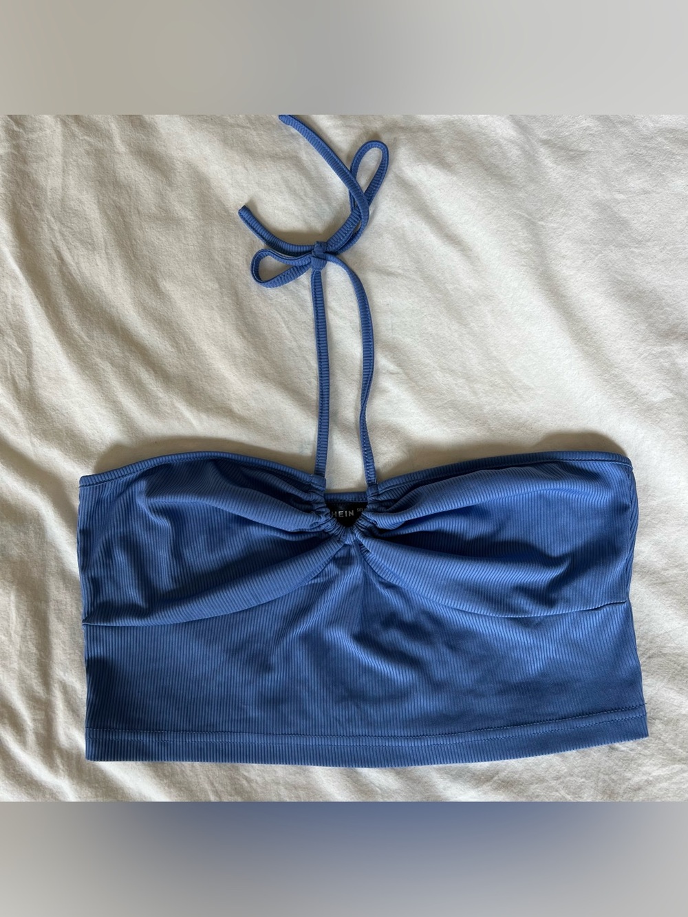 Periwinkle Blue Ribbed Halter Bandeau Crop Top